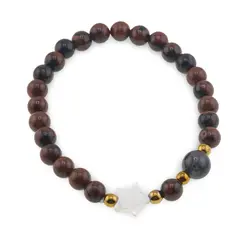 Bratara Obsidian mahon sfere 6mm, Larvikit 8mm si steluta din Sidef 10mm cu bumbi aurii