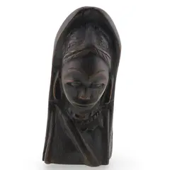 Bust vintage din lemn sculptat manual, femeie cu voal, 16cm