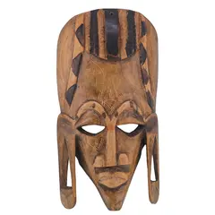 Masca africana vintage din lemn sculptat manual, decorata cu motive tribale, 24cm