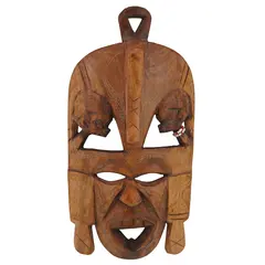 Masca africana vintage din lemn sculptat manual, cu doua fete laterale, 24cm