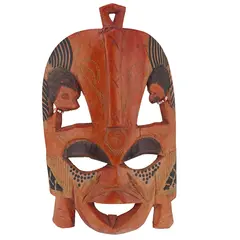 Masca africana vintage din lemn sculptat manual, rosie, cu doua fete laterale, 24cm