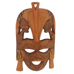 Masca africana vintage din lemn sculptat manual, maro deschis, cu doua fete laterale, 21cm