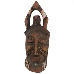 Masca africana vintage din lemn sculptat manual, model cu corn si detalii albe, 24cm