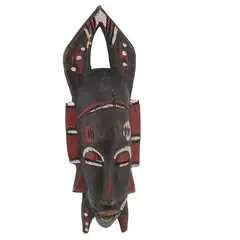 Masca africana vintage din lemn sculptat manual, neagra si rosie, model cu corn, 25cm