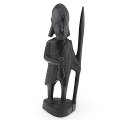 Statueta africana vintage din lemn sculptat manual, pescar cu sulita si peste, 16cm