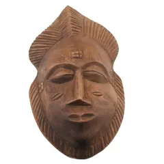 Masca africana vintage din lemn sculptat manual, model frunza si fata stilizata, 18,5cm