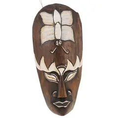 Masca africana vintage din lemn sculptat manual, decorata cu fluture alb, 20cm