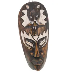 Masca africana vintage din lemn sculptat manual, decorata cu leu alb, 20cm