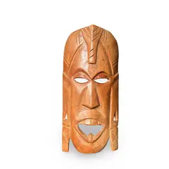 Masca africana vintage din lemn deschis, model razboinic cu motive geometrice, 30cm