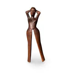 Statueta africana vintage din lemn, femeie stilizata cu bratele ridicate, 32,5cm