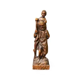 Statueta religioasa vintage din lemn sculptat manual, Calugar cu Prunc, 43cm