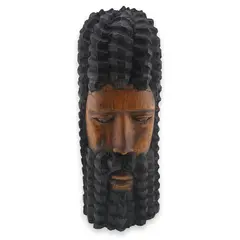 Decoratiune africana vintage din lemn sculptat manual, model barbat cu barba si par crestat, 28cm