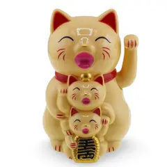 Pisica norocoasa Maneki Neko galbena cu pui, 11cm
