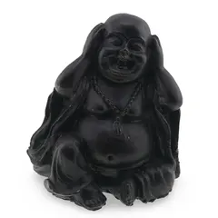 Statueta Buddha vintage neagra din rasina, gestul "nu auzi raul”, 10cm