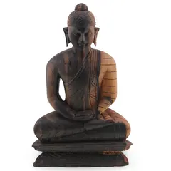 Statueta Buddha vintage din lemn sculptat manual, finisaj ars, 21cm