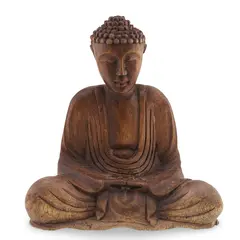Statueta Buddha vintage din lemn sculptat manual, finisaj natural, 16cm