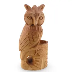 Suport creioane vintage din lemn sculptat manual, in forma de bufniță, 22cm