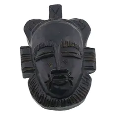 Masca africana vintage din lemn sculptat manual, model negru lucios cu detalii gravate, 16cm