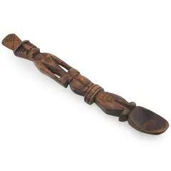Lingura decorativa vintage din lemn sculptat manual, cu maner in forma de barbat, 35cm