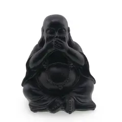 Statueta Buddha vintage neagra din rasina, gestul "nu vorbi raul”, 10cm