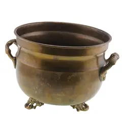 Vas vintage din alama pe picioare, cu manere laterale ornamentale, 16cm