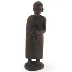 Statueta vintage din lemn sculptat manual, calugar in picioare, 27,5cm