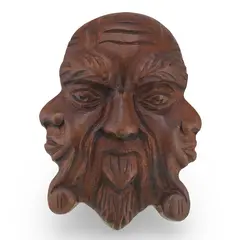 Masca decorativa vintage din lemn sculptat manual, model fata tripla, 28cm