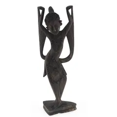 Statueta vintage din lemn sculptat manual, dansatoare asiatica, 22cm