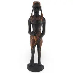Statueta africana vintage din lemn sculptat manual, femeie cu vas, 33cm