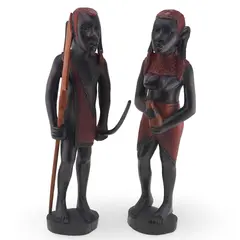 Set statuete africane vintage din lemn sculptat manual, barbat si femeie, 31cm