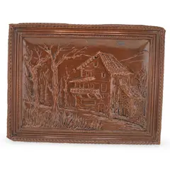 Tablou vintage din cupru, peisaj rustic in relief, 30cm
