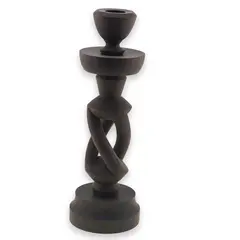 Sfesnic vintage din lemn sculptat manual, model spiralat cu baza rotunda, 22,5cm