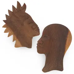 Decoratiune vintage din lemn sculptat manual, portrete pereche barbat si femeie, 29-32cm