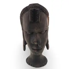 Bust african vintage din lemn sculptat manual, model cu par impletit si cercei, 18cm