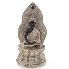 Statueta Buddha vintage, model argintiu cu detalii negre, 17,5cm