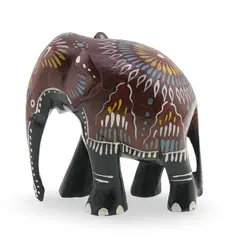 Figurina elefant din lemn vintage, model pictat manual colorat, 8cm