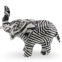 Figurina elefant vintage, model alb-negru cu dungi si colaje grafice, 11cm