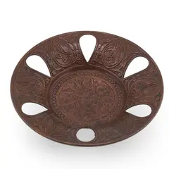 Farfurie decorativa din cupru vintage, model sculptat manual cu motive florale, 10cm
