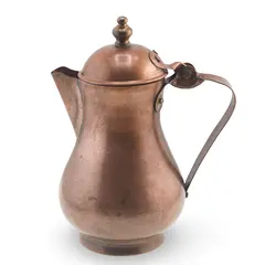 Cafetiera vintage din cupru cu capac rotund și maner metalic, 14cm