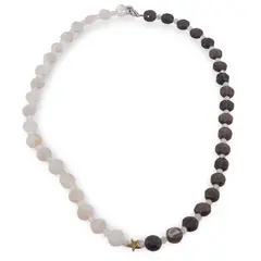 Colier Piatra Lunii sfere 3mm si banuti 8mm si Cuart fumuriu banuti 7-8mm cu steluta din Hematit auriu 6mm