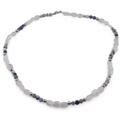 Colier Sodalit sfere 4mm si Piatra Lunii neuniforma fatetata 6-10mm cu bumbi argintii