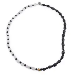 Colier Turmalina neagra sfere si neuniforma 3-7mm si Piatra Lunii neuniforma 5-7mm cu steluta din Hematit auriu 6mm