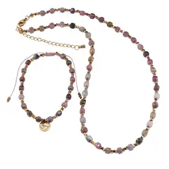 Set bratara si colier Turmalina multicolora cuburi fatetate si Hematit auriu discuri, 2-5mm
