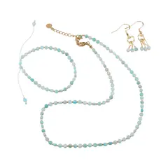 Set cercei cu agatatoare, bratara si colier Amazonit A+ banuti extrafatetati cu elemente aurii, 4mm