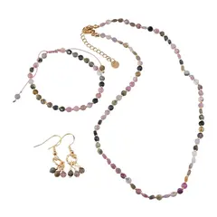 Set cercei cu agatatoare, bratara si colier Turmalina multicolora A+ banuti extrafatetati cu elemente aurii, 4mm