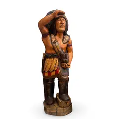 Statueta vintage din lemn sculptat manual, indian american colorat, 97cm