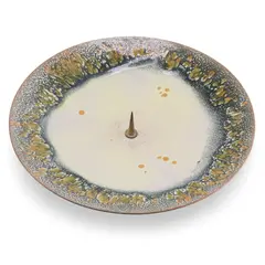 Suport vintage pentru lumanare din cupru emailat crem, decor abstract, 19,5cm