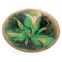 Suport vintage pentru lumanare din cupru emailat verde, model floral, 15cm