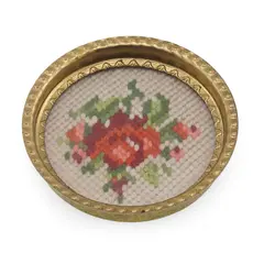 Suport pahar vintage din metal cu broderie florala portocalie, 9cm