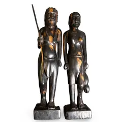 Set statuete vintage din lemn sculptat manual, cuplu tribal, 39cm